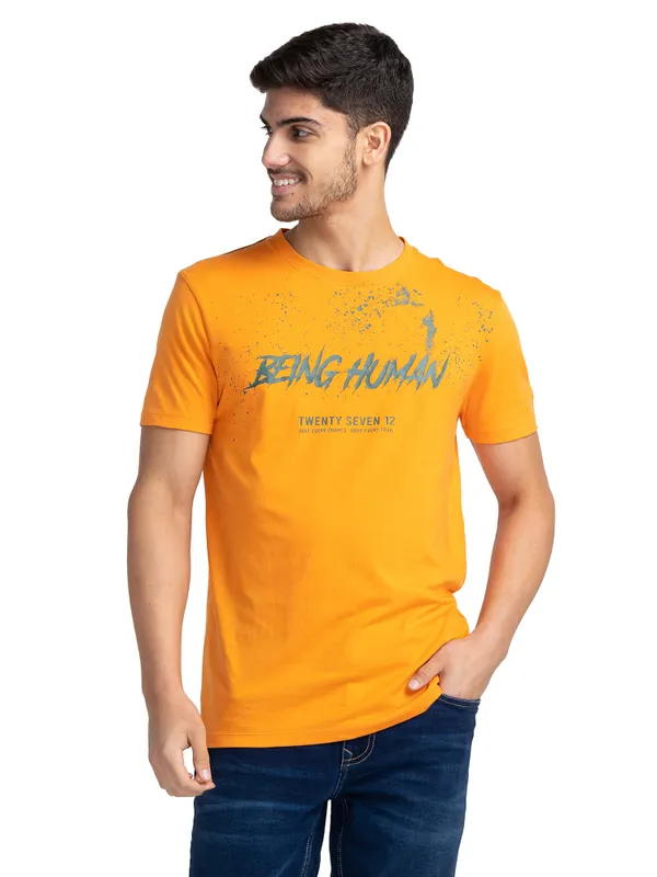 Being Human Regular Fit Men Crew Neck T-Shirts-Amber Glow