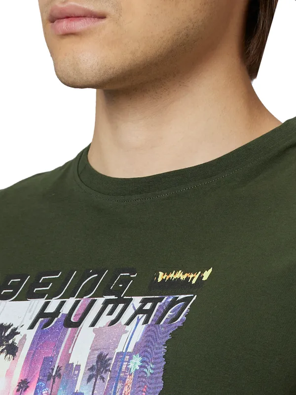 Being Human Regular Fit Men Crew Neck T-Shirts-Dk.Olive