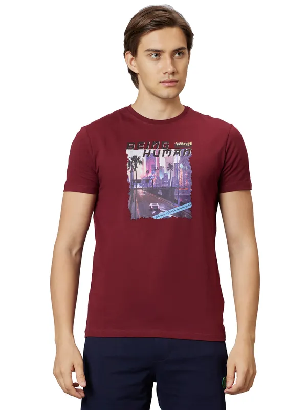 Being Human Regular Fit Men Crew Neck T-Shirts-Maroon