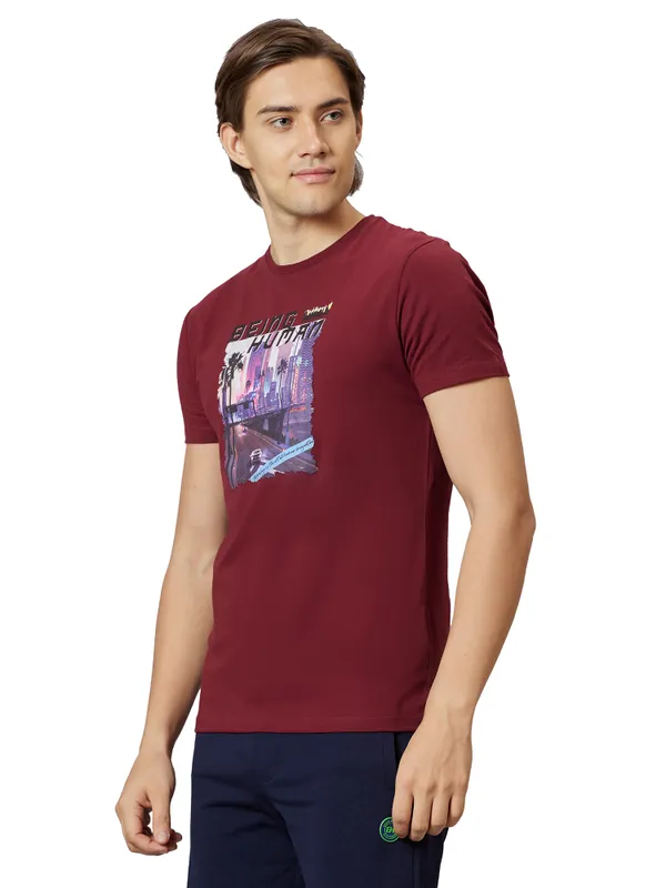 Being Human Regular Fit Men Crew Neck T-Shirts-Maroon