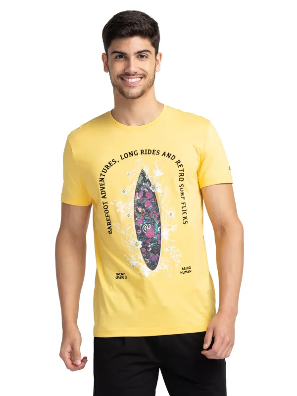 Being Human Regular Fit Men Crew Neck T-Shirts-Daffodil
