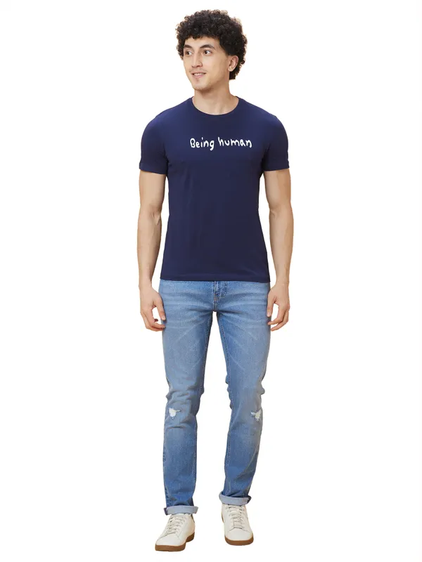 Being Human Mens Crew Neck T-Shirts-Navy