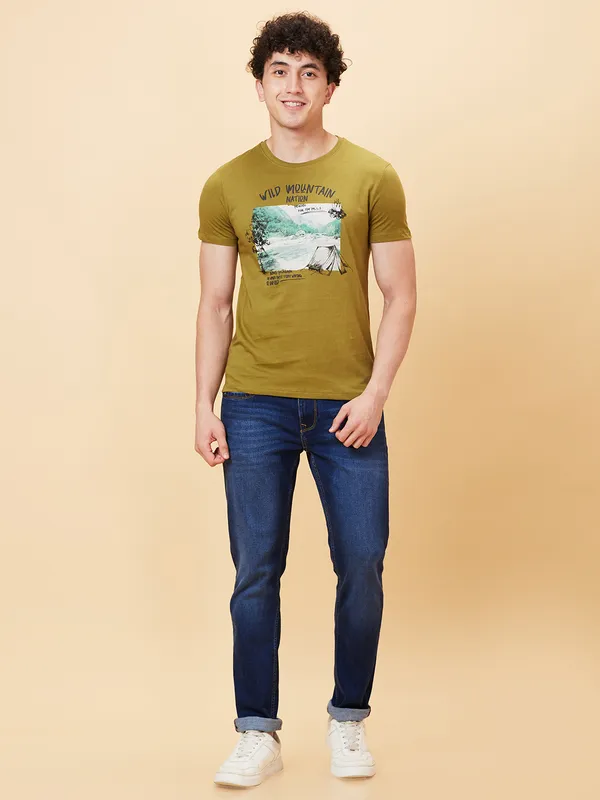 Being Human Men Slim Fit T-Shirts-Olive