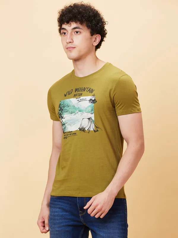 Being Human Men Slim Fit T-Shirts-Olive
