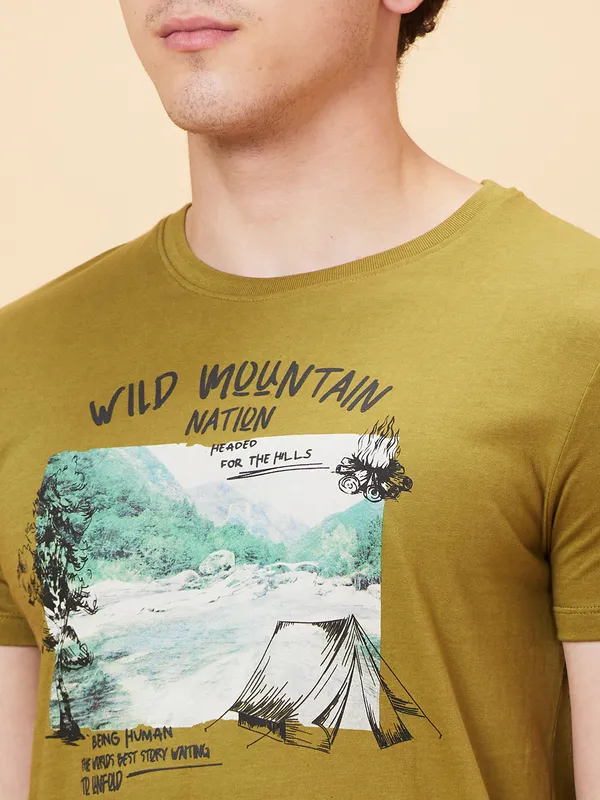 Being Human Men Slim Fit T-Shirts-Olive
