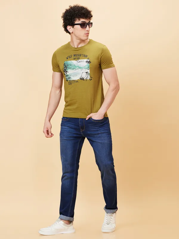 Being Human Men Slim Fit T-Shirts-Olive