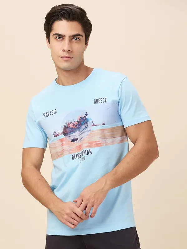 Being Human Clothing Men Blue Graphic Round Neck T-Shirt