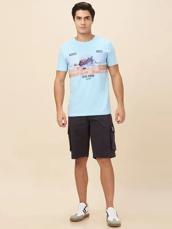 Being Human Clothing Men Blue Graphic Round Neck T-Shirt