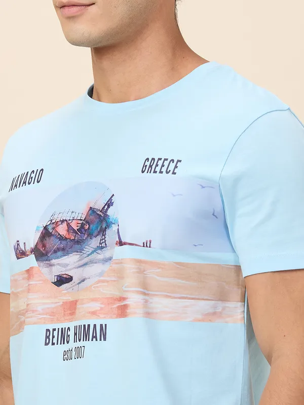 Being Human Clothing Men Blue Graphic Round Neck T-Shirt