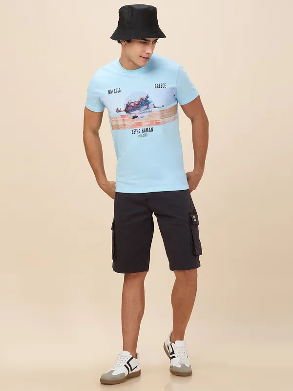 Being Human Clothing Men Blue Graphic Round Neck T-Shirt