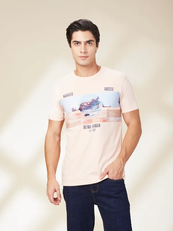 Being Human Clothing Men Beige Graphic Round Neck T-Shirt
