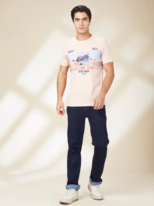 Being Human Clothing Men Beige Graphic Round Neck T-Shirt