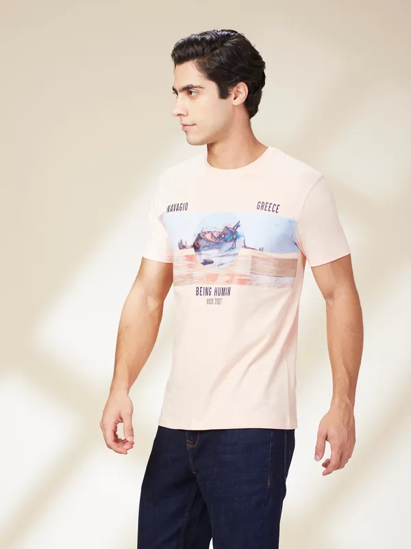 Being Human Clothing Men Beige Graphic Round Neck T-Shirt