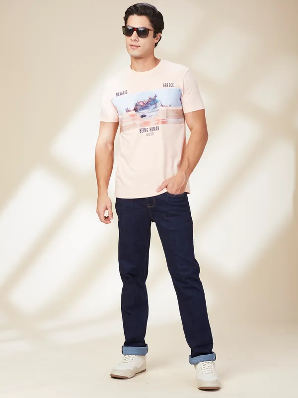 Being Human Clothing Men Beige Graphic Round Neck T-Shirt
