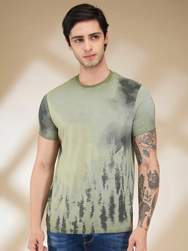 Being Human Clothing Men Green Abstract Crew Neck T-Shirt