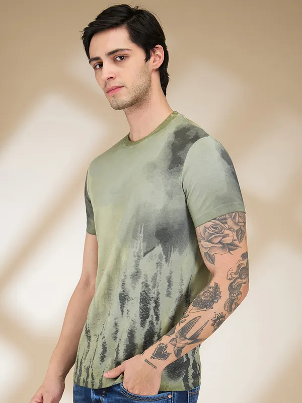 Being Human Clothing Men Green Abstract Crew Neck T-Shirt