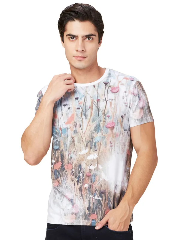 Being Human Clothing Men White Floral Round Neck T-Shirt