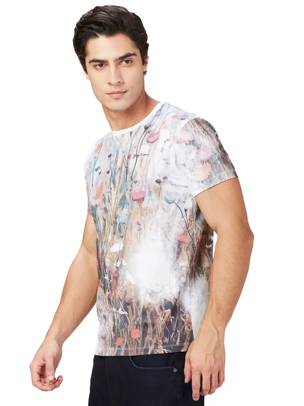Being Human Clothing Men White Floral Round Neck T-Shirt