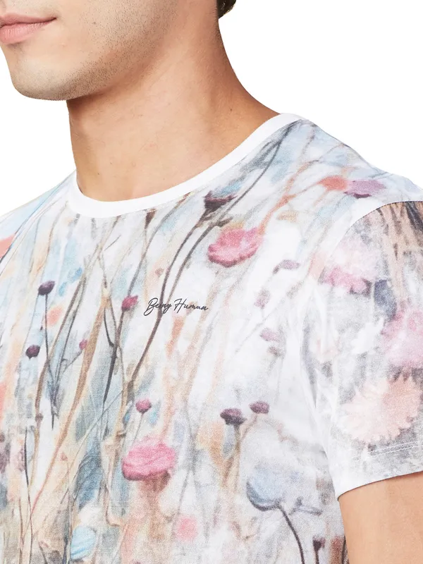 Being Human Clothing Men White Floral Round Neck T-Shirt