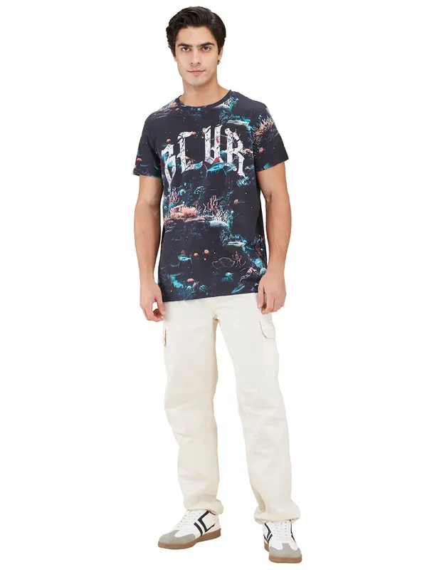 Being Human Mens-Top Crew Neck Black & Teal