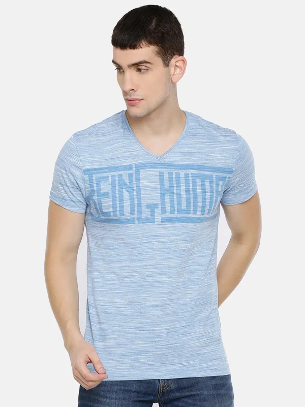 Being Human Slim Fit Men V-Neck T-Shirts-Blue Mel