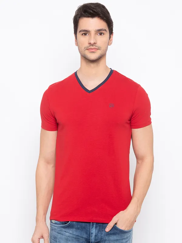 Being Human Regular Fit Men V-Neck T-Shirts-Red