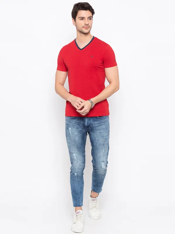 Being Human Regular Fit Men V-Neck T-Shirts-Red