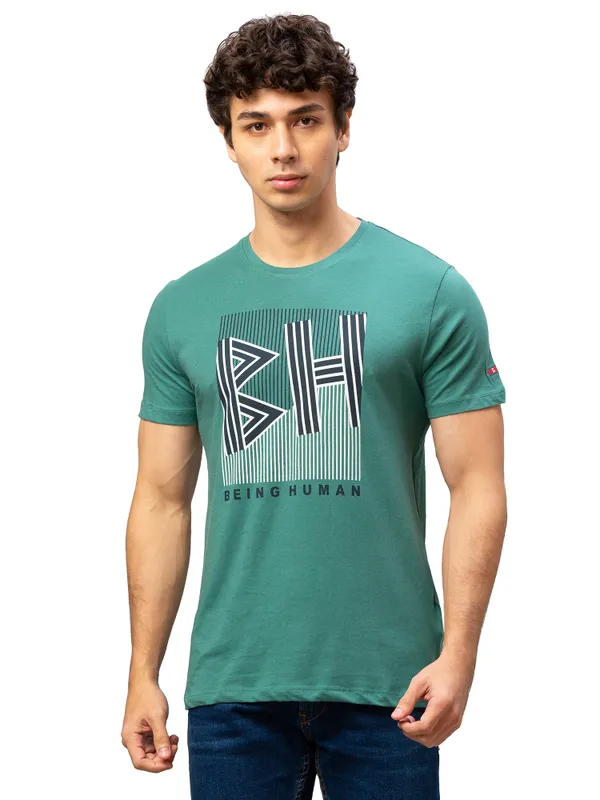Being Human Regular Fit Men Crew Neck T-Shirts-Smoke Pine