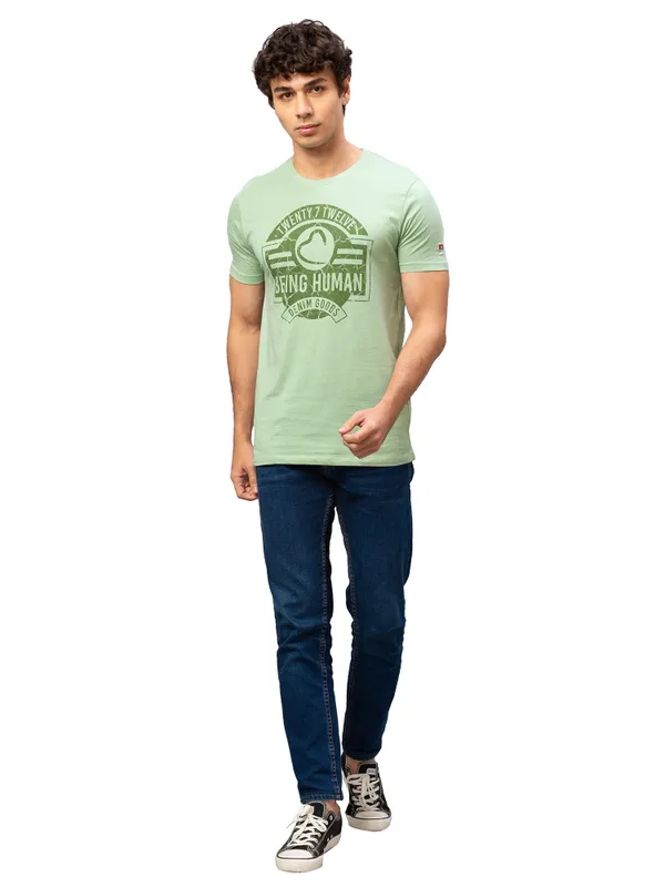 Being Human Regular Fit Men Crew Neck T-Shirts-Pastel Green