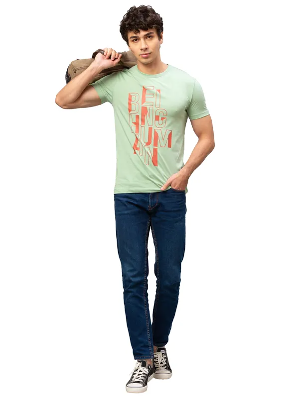 Being Human Regular Fit Men Crew Neck T-Shirts-Pastel Green