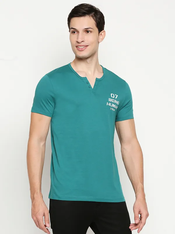 Being Human Regular Fit Men Crew Neck T-Shirts-Bottel Green