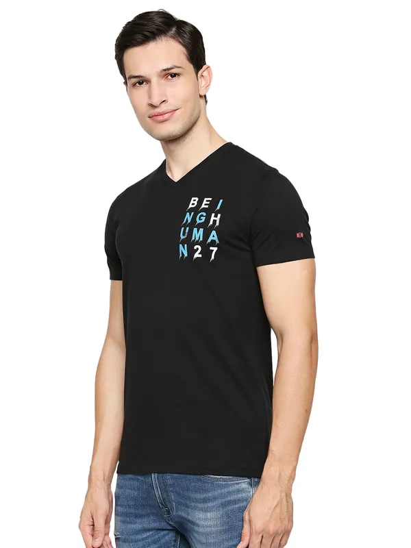 Being Human Regular Fit Men V-Neck T-Shirts-Black