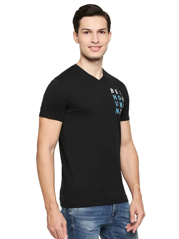 Being Human Regular Fit Men V-Neck T-Shirts-Black