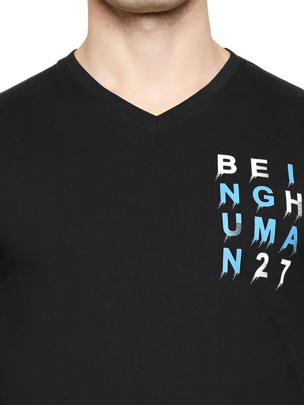 Being Human Regular Fit Men V-Neck T-Shirts-Black