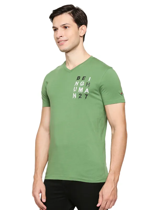 Being Human Regular Fit Men V-Neck T-Shirts-Olive