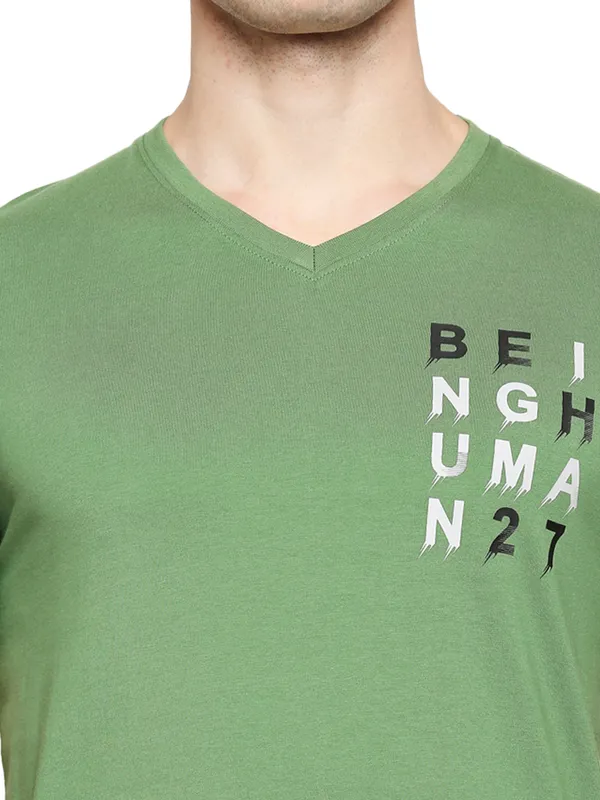 Being Human Regular Fit Men V-Neck T-Shirts-Olive
