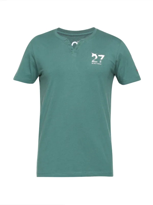 Being Human Regular Fit Men Henley Neck T-Shirts-Bottle Green