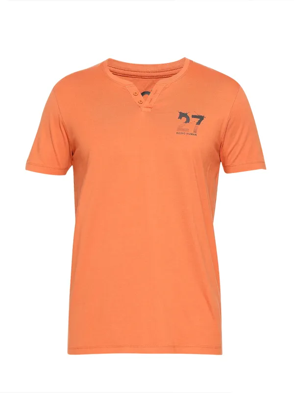 Being Human Regular Fit Men Henley Neck T-Shirts-Rust