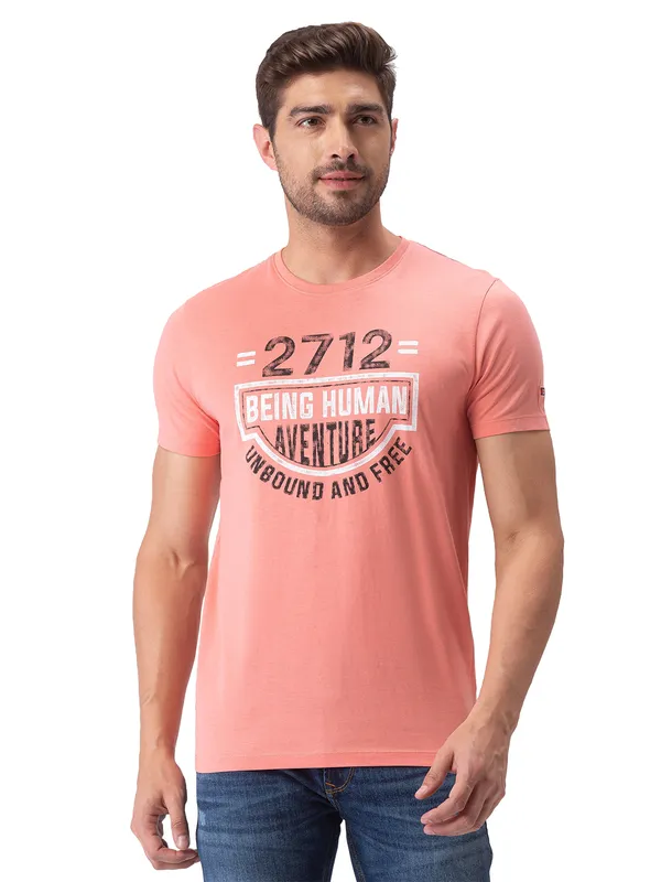 Being Human Clothing Men Regular Fit Crew Neck T-Shirts-Coral