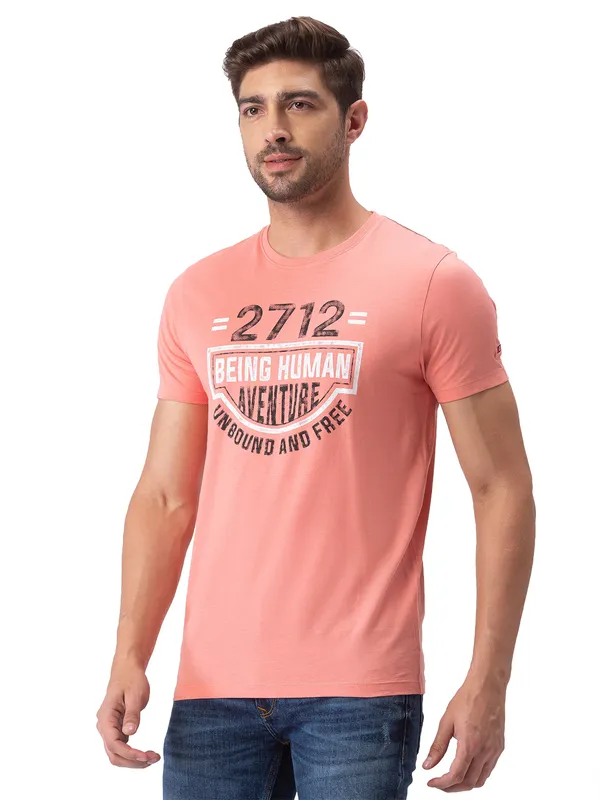 Being Human Clothing Men Regular Fit Crew Neck T-Shirts-Coral