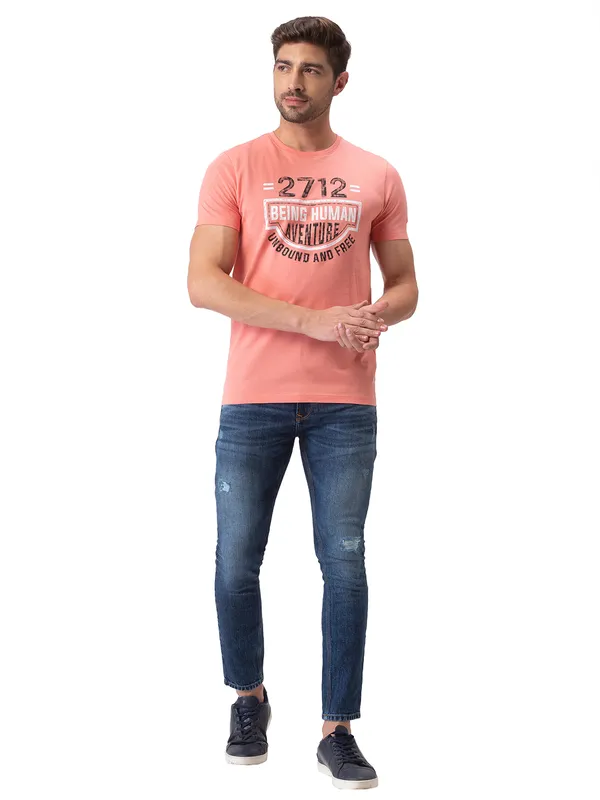 Being Human Clothing Men Regular Fit Crew Neck T-Shirts-Coral