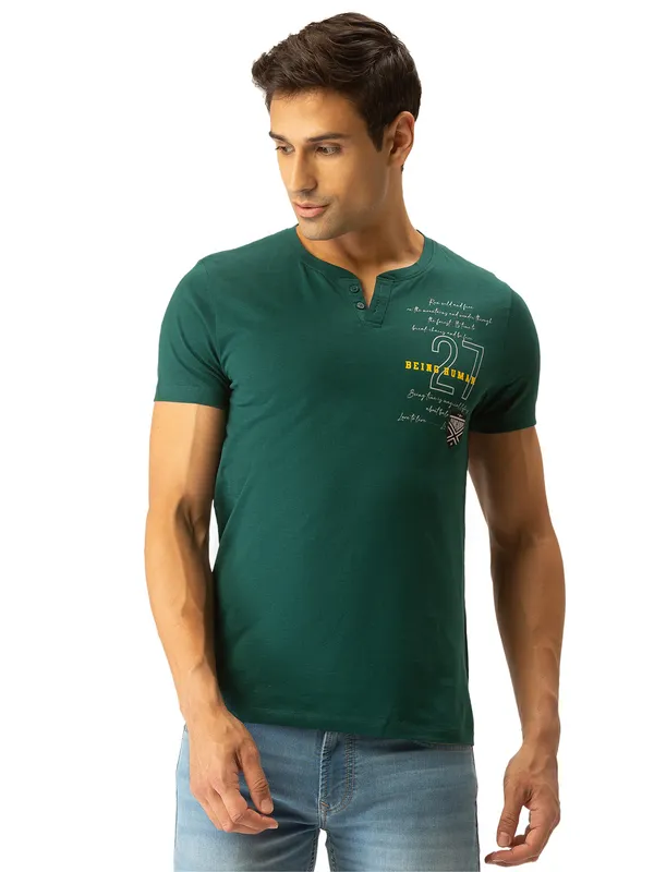 Being Human Regular Fit Men Henley Neck T-Shirts-Forest Green