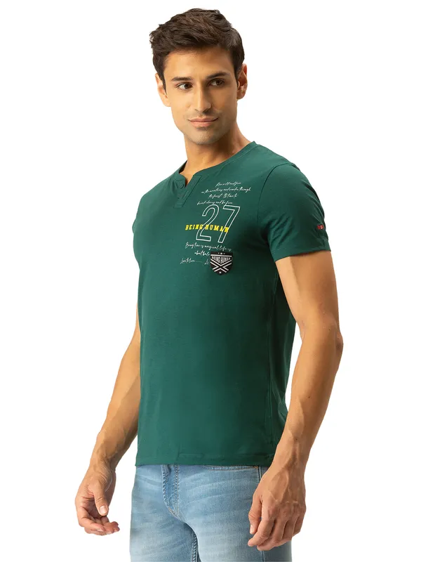 Being Human Regular Fit Men Henley Neck T-Shirts-Forest Green