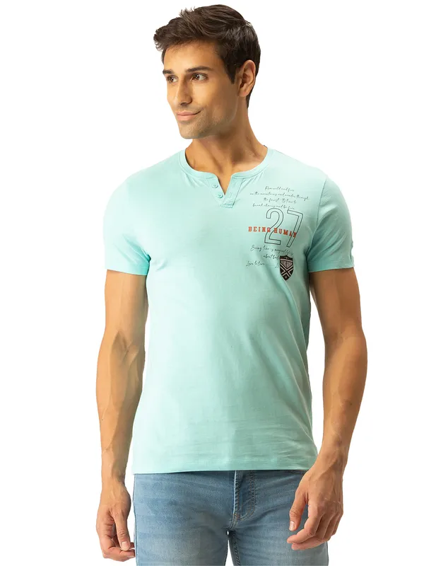 Being Human Clothing Men Regular Fit Henley Neck T-Shirts-Ice Blue
