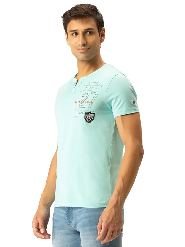 Being Human Clothing Men Regular Fit Henley Neck T-Shirts-Ice Blue