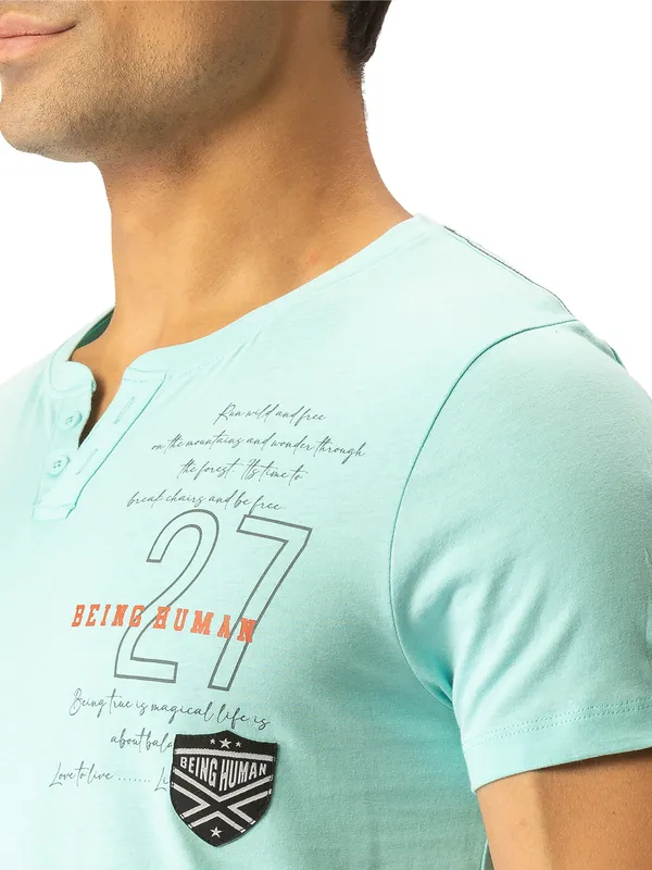 Being Human Clothing Men Regular Fit Henley Neck T-Shirts-Ice Blue