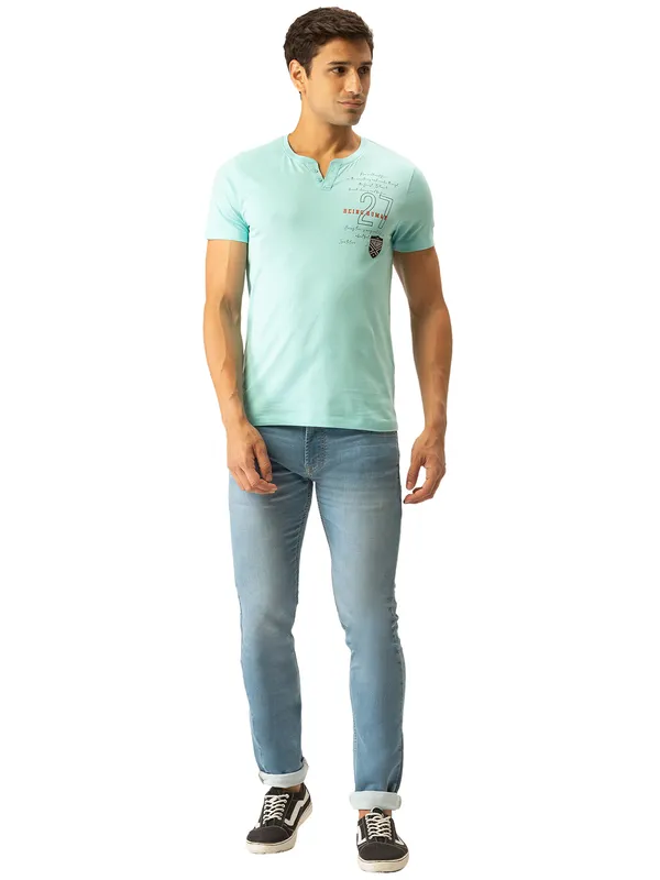 Being Human Clothing Men Regular Fit Henley Neck T-Shirts-Ice Blue