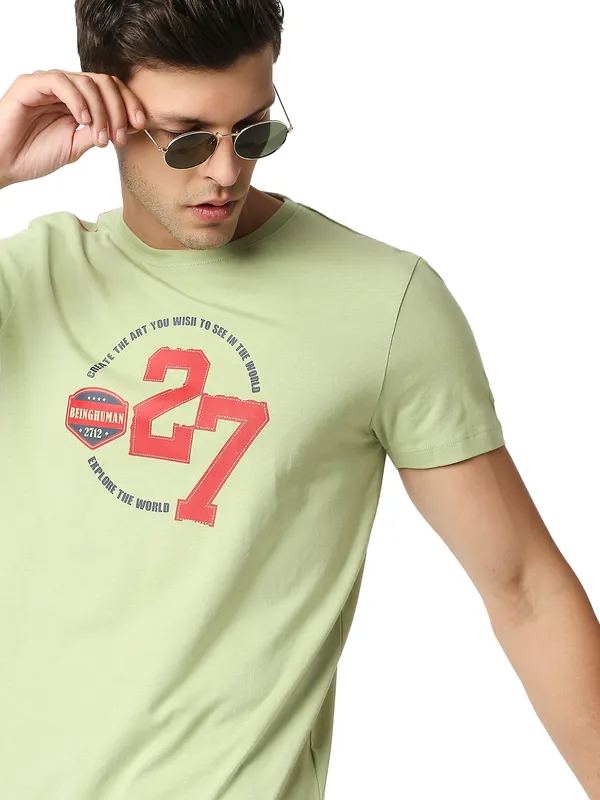 Being Human Regular Fit Men Crew Neck T-Shirts-Lt.Olive