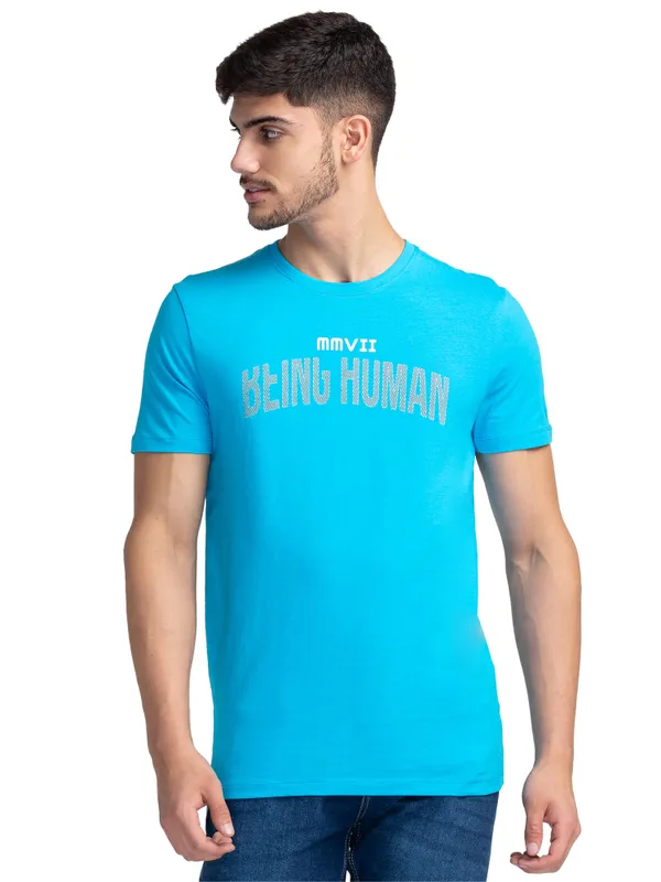 Being Human Regular Fit Men Crew Neck T-Shirts-Vivid Blue