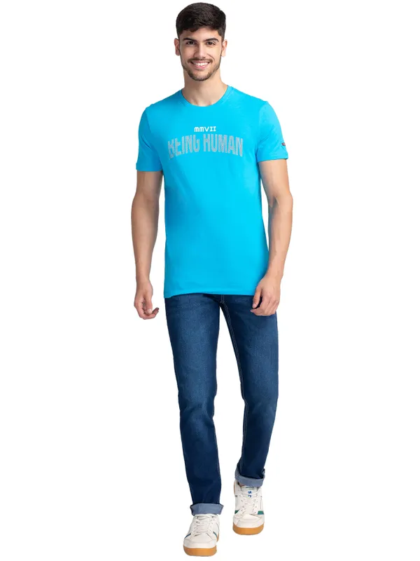 Being Human Regular Fit Men Crew Neck T-Shirts-Vivid Blue